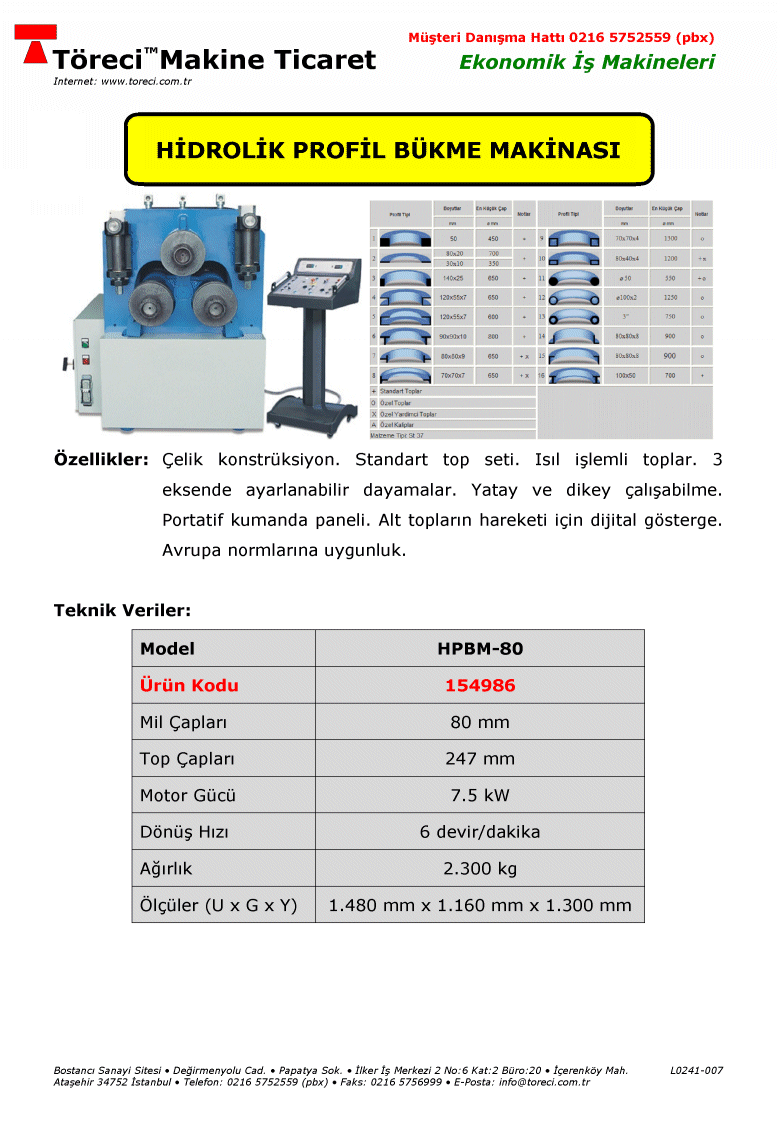 70 x 70 x 4 mm kare profil bükme kapasiteli 7.5 kW motorlu hidrolik profil bükme makinası.